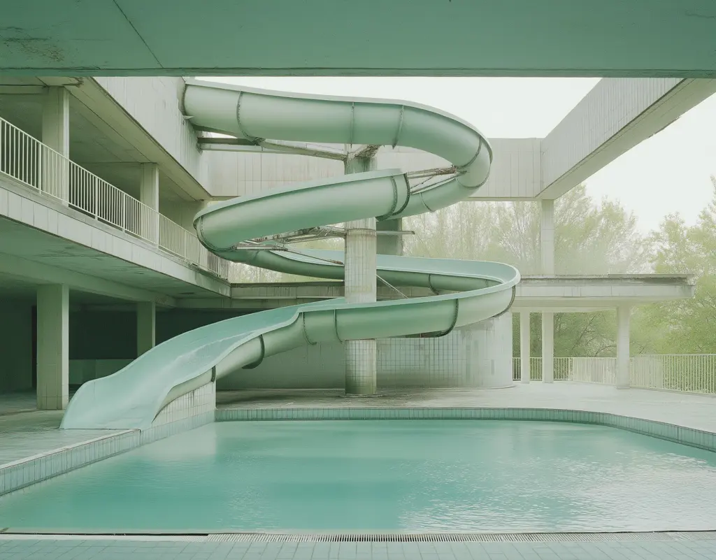 Imaginary abandoned training pool and water slide